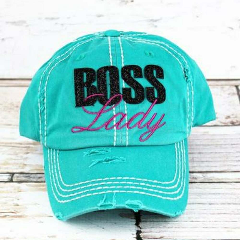 DISTRESSED TURQUOISE WITH GLITTER 'BOSS LADY' CAP